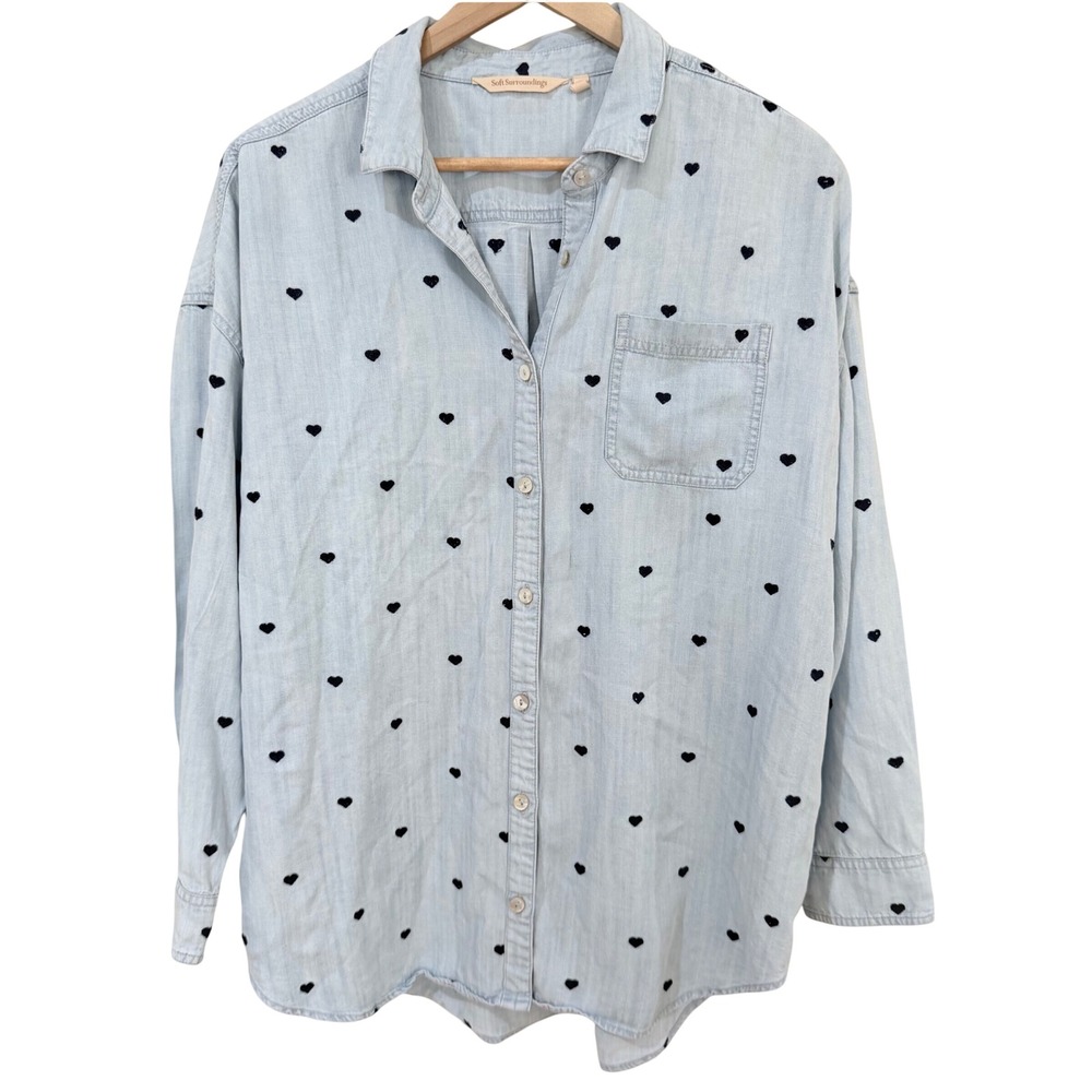 Soft Surroundings Button Down L Light Blue Heart Print Tencel Lyocell Shirt